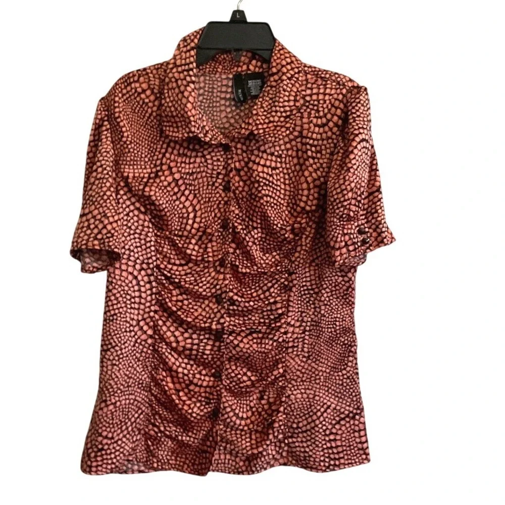 Mixit Womens Coral Black‎ Abstract Ruched Front Short Sleeve Button Up Blouse M